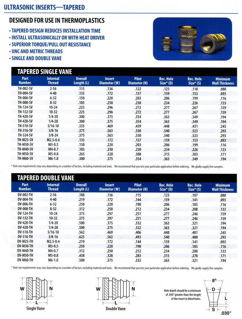 Ultrasonic Inserts - Tapered - Technical Specifications